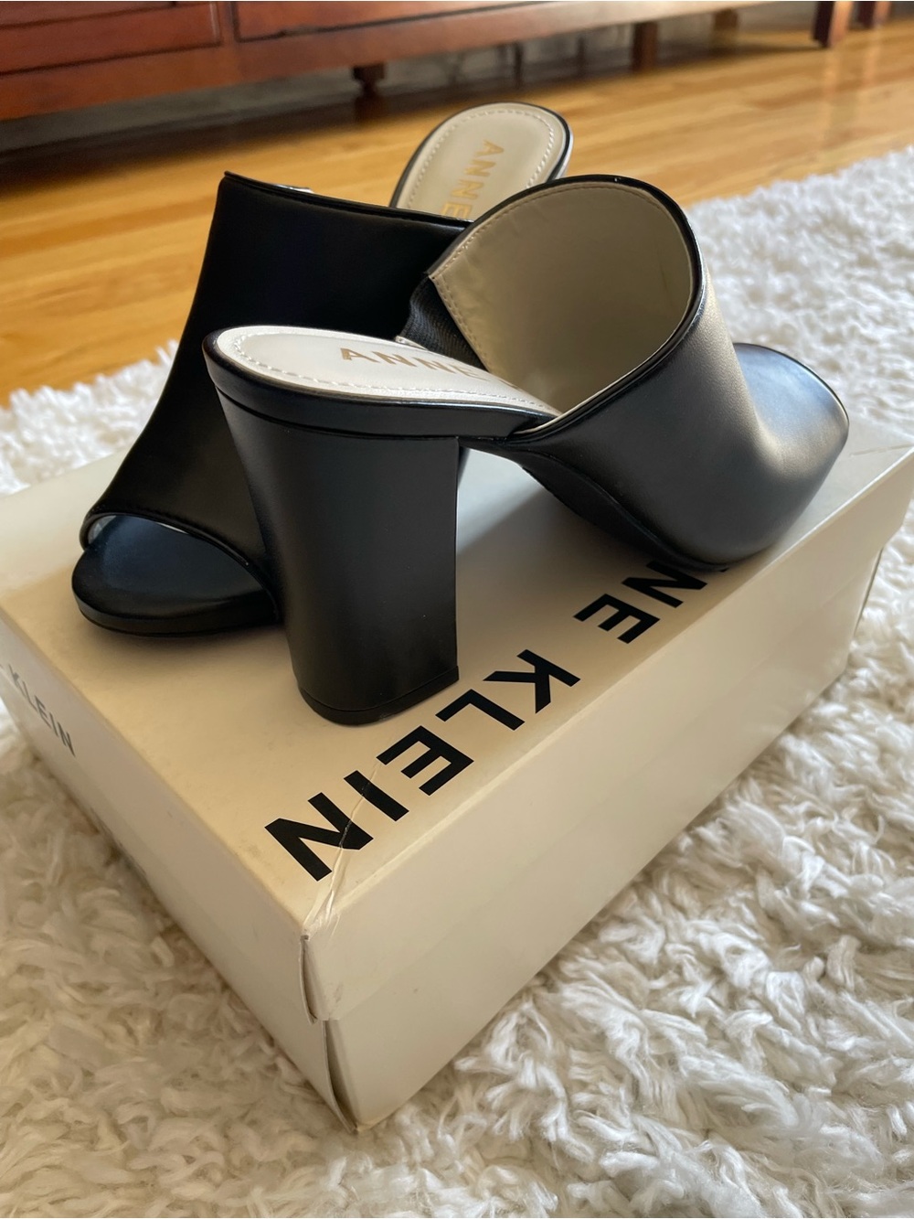 Anne Klein Black Leather Open-Toe Block Heel Mules